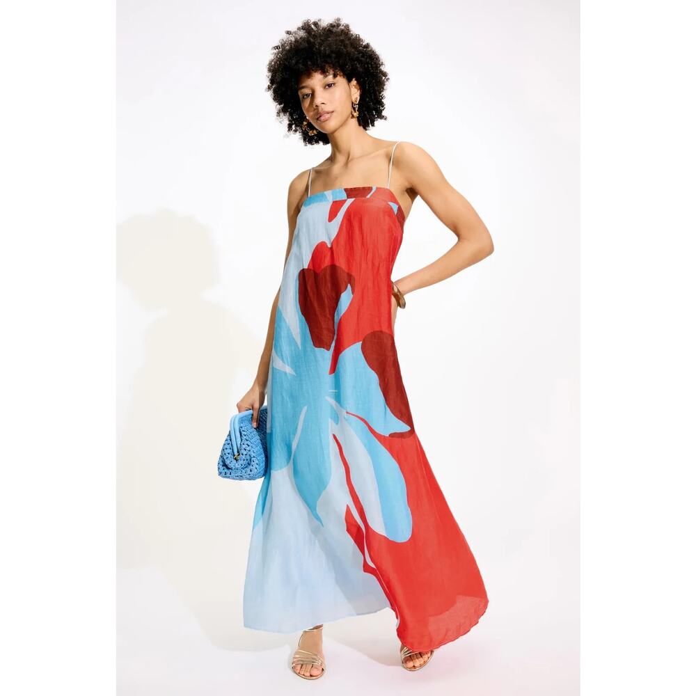 Significant Other Edith Dress Linen Blend Floral Sleeveless Maxi Blue & Red 4